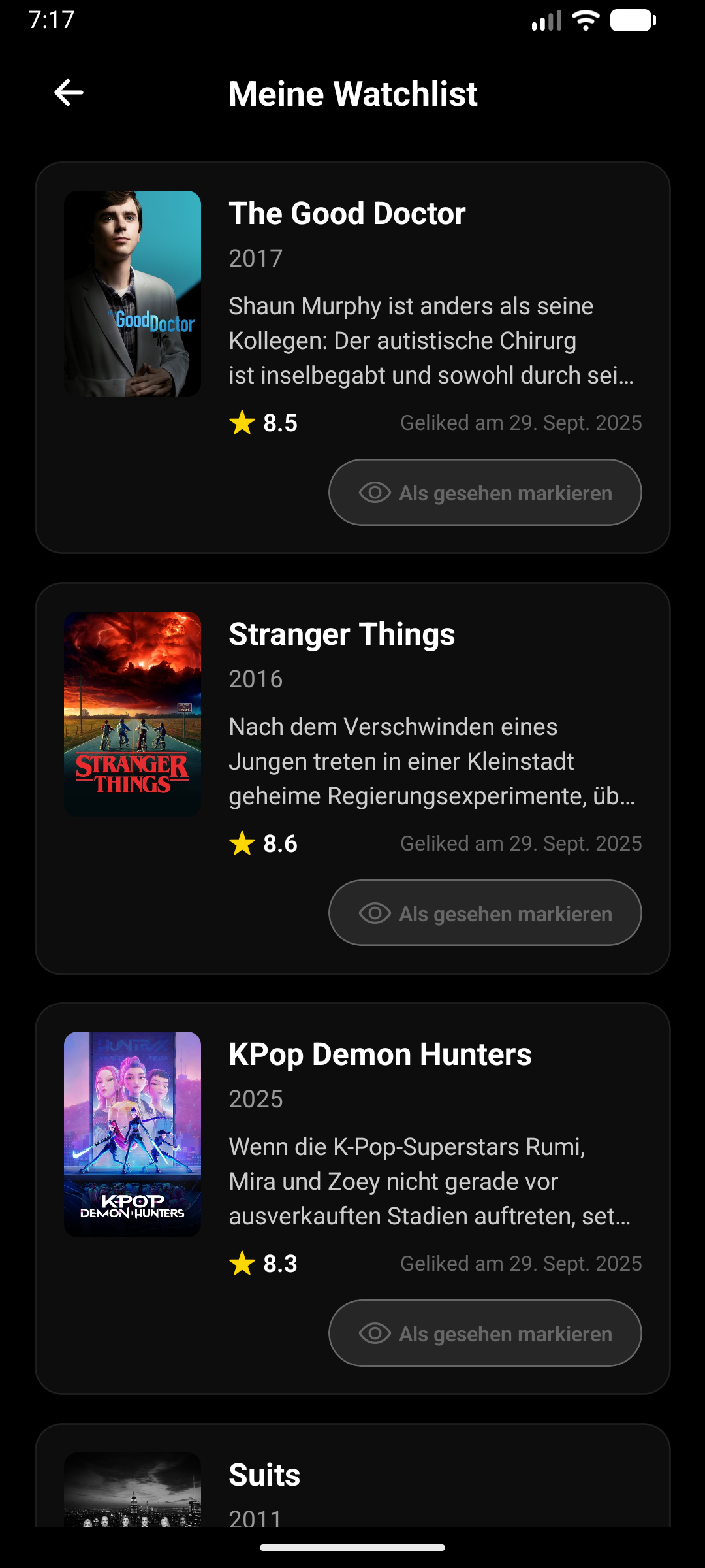 MatchFlicks Watchlist view